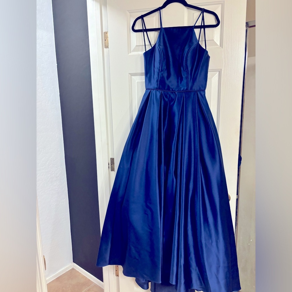 Navy, Betsy & Adam satin prom dress/ ballgown, high-low dress with pockets